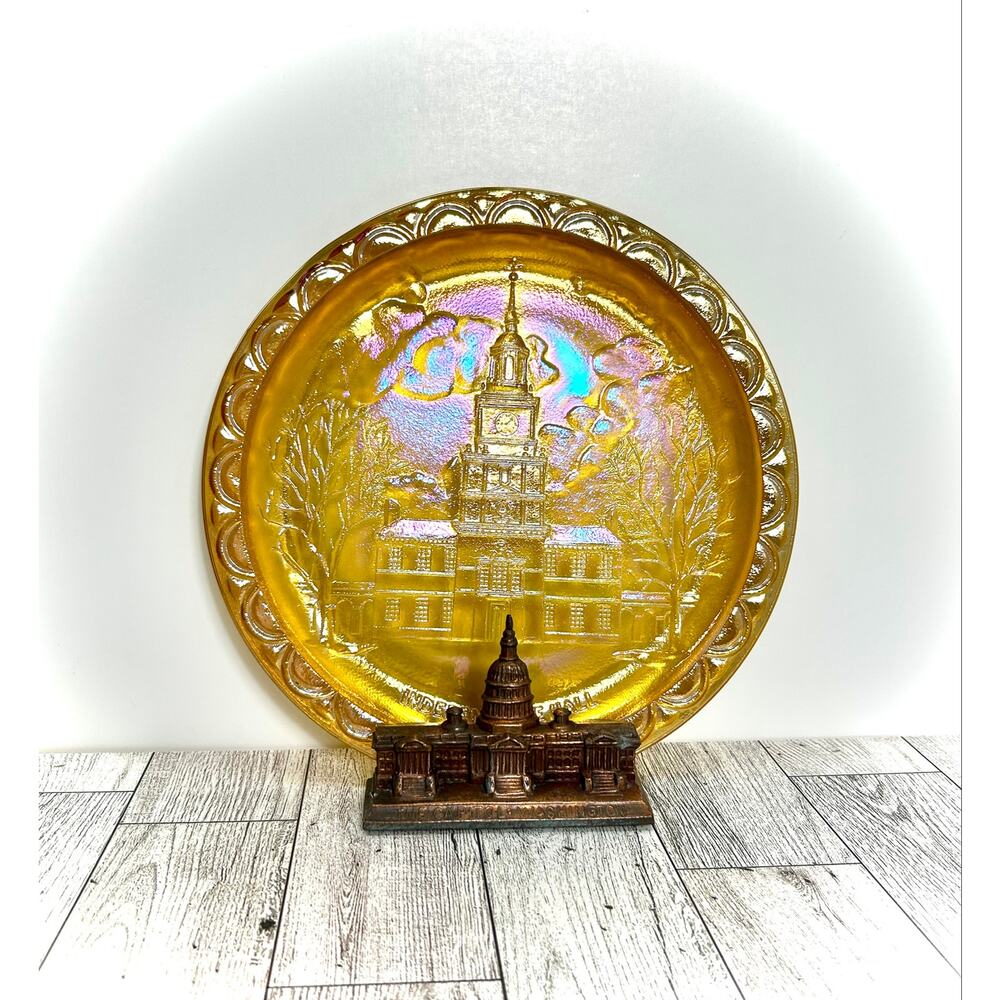 VTG Americana Patriotic Decor - Gold Carnival Glass Plate + US Capitol Souvenir